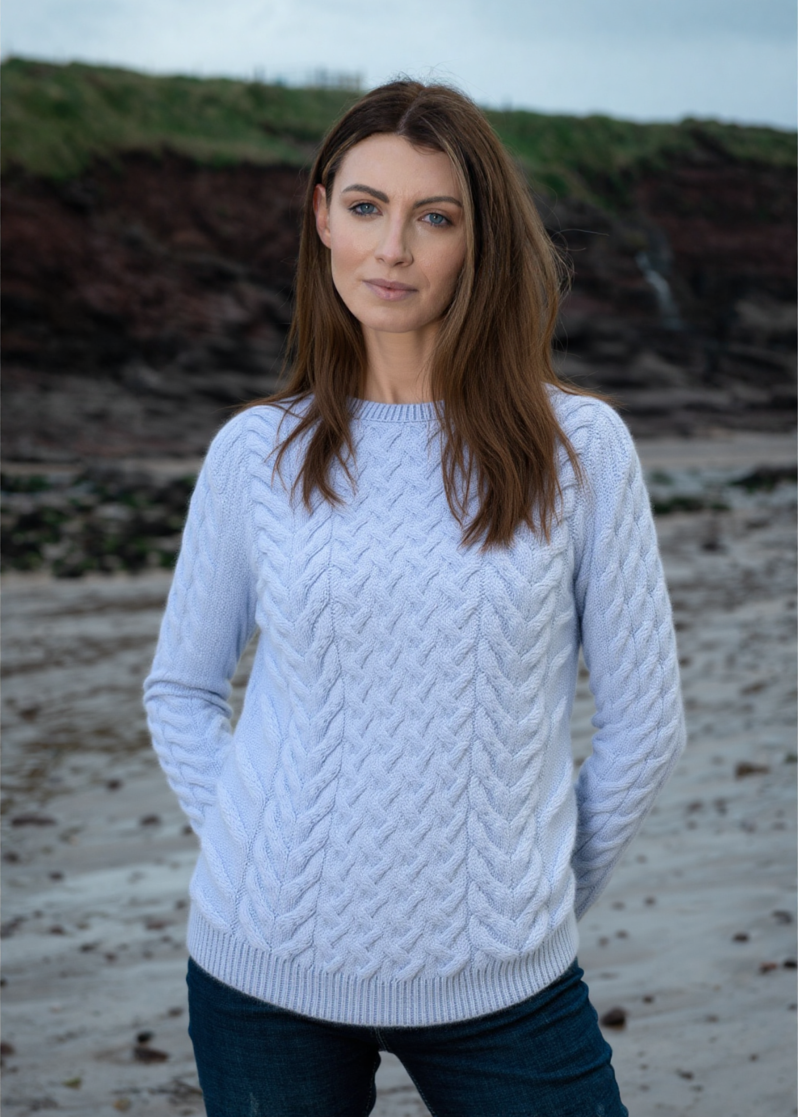 Aran Crew Neck Supersoft Sweater Blue Sail