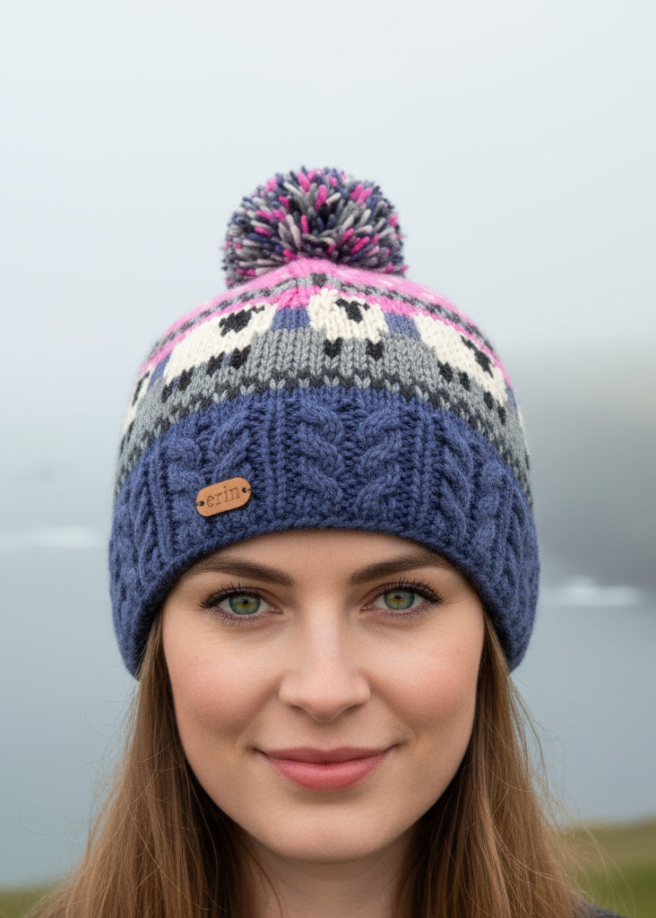 Erin Pink Blue Aran Sheep Bobble Hat