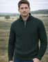 Aran Cable Knit Half Zip Sweater | 100% Merino Wool | Green