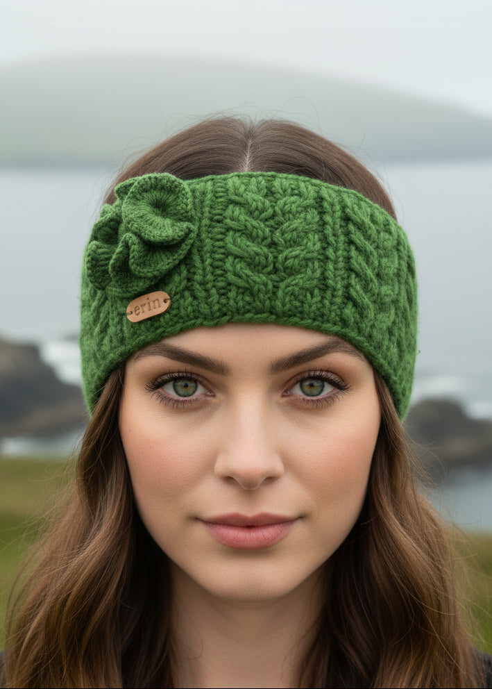 Aran Cable Knitted Wool Flower Headband | Green