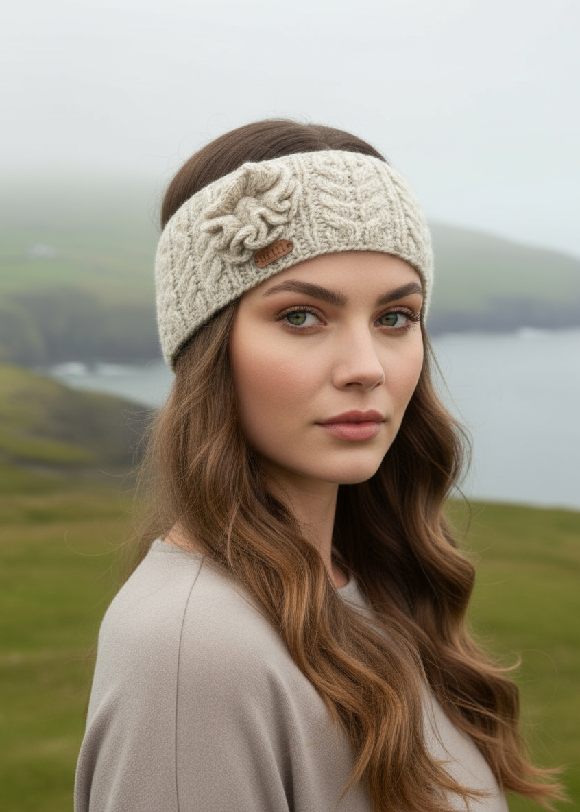 Erin Aran Cable Knitted Wool Flower Headband - Oatmeal