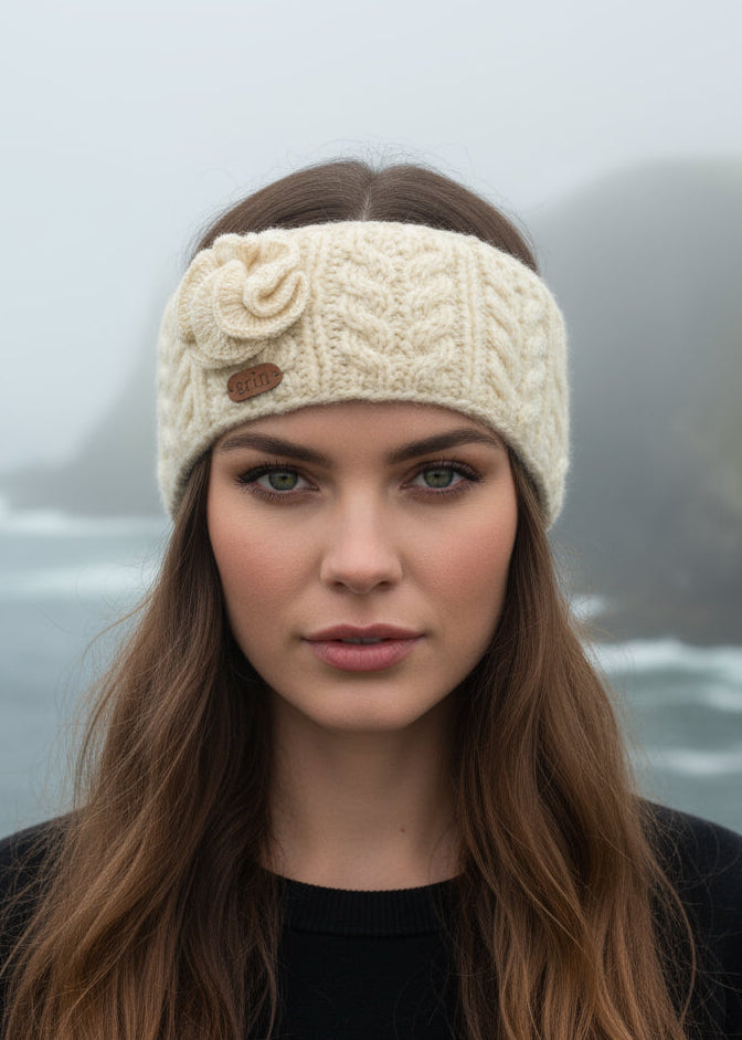 Aran Cable Knitted Wool Flower Headband