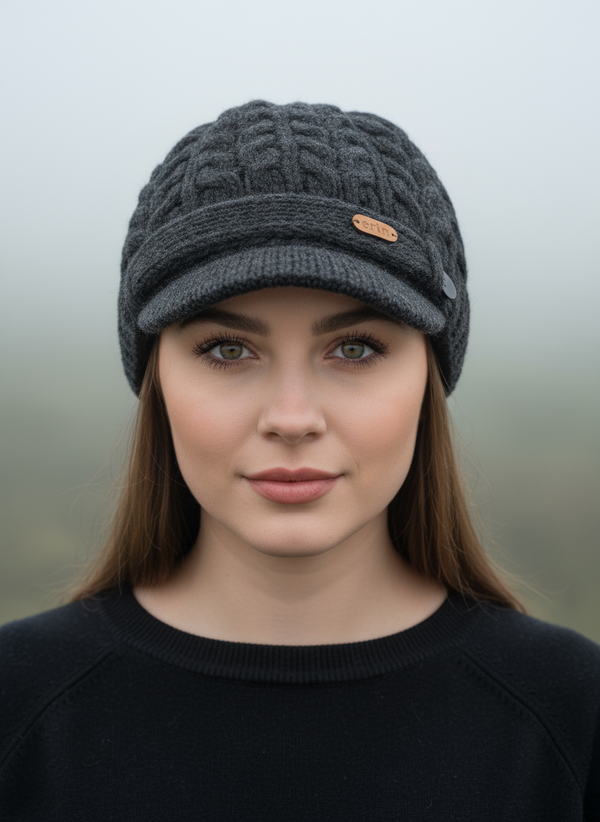 Erin Aran Cable Peak Hat | Charcoal