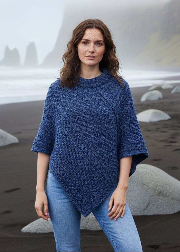 Aran Merino Wool Cowl Poncho | Denim Marl