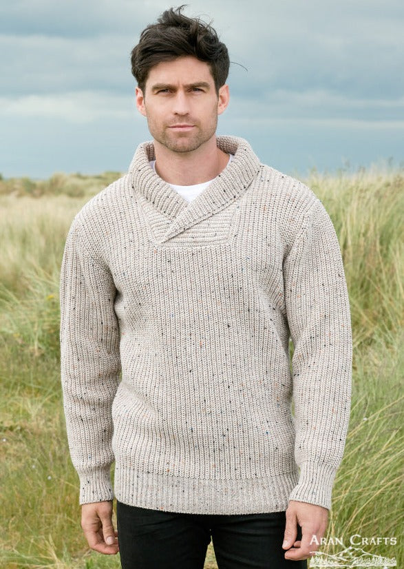 Aran Crafts Fisherman Rib Shawl Sweater - Skiddaw
