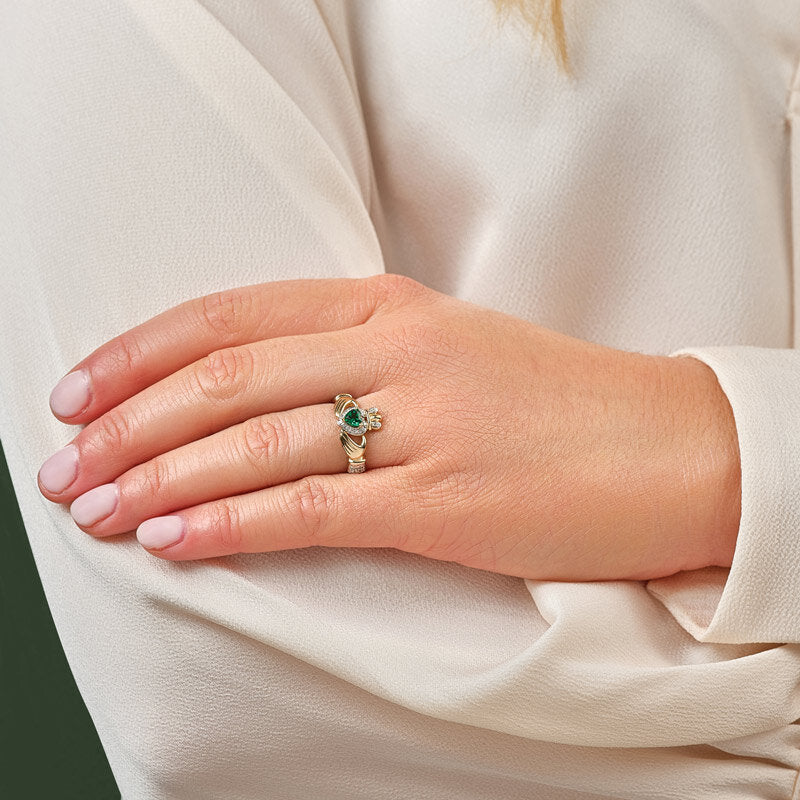 14K Gold Diamond & Emerald Claddagh Ring