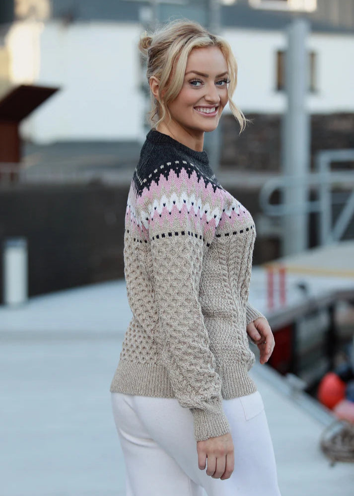 Ladies Slim-Fit Aran Fairisle Sweater | Camel