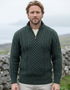 Aran Cable Knit Half Zip Sweater | 100% Merino Wool | Green
