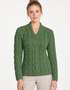 Ladies V-Neck Supersoft Merino Aran Sweater - Meadow Green