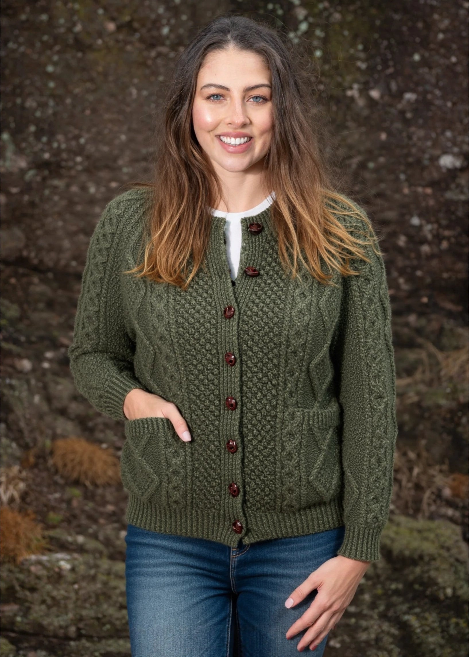 Handknit Aran Lumber Cardigan | Green