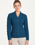 Ladies V-Neck Supersoft Merino Aran Sweater - Irish Sea
