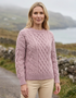 Ladies Long Crop Cable Supersoft Merino Aran Sweater | Pink