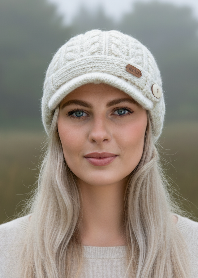 Erin Aran Cable Peak Hat | Natural