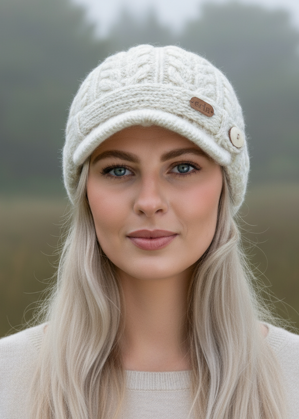 Erin Aran Cable Peak Hat | Natural