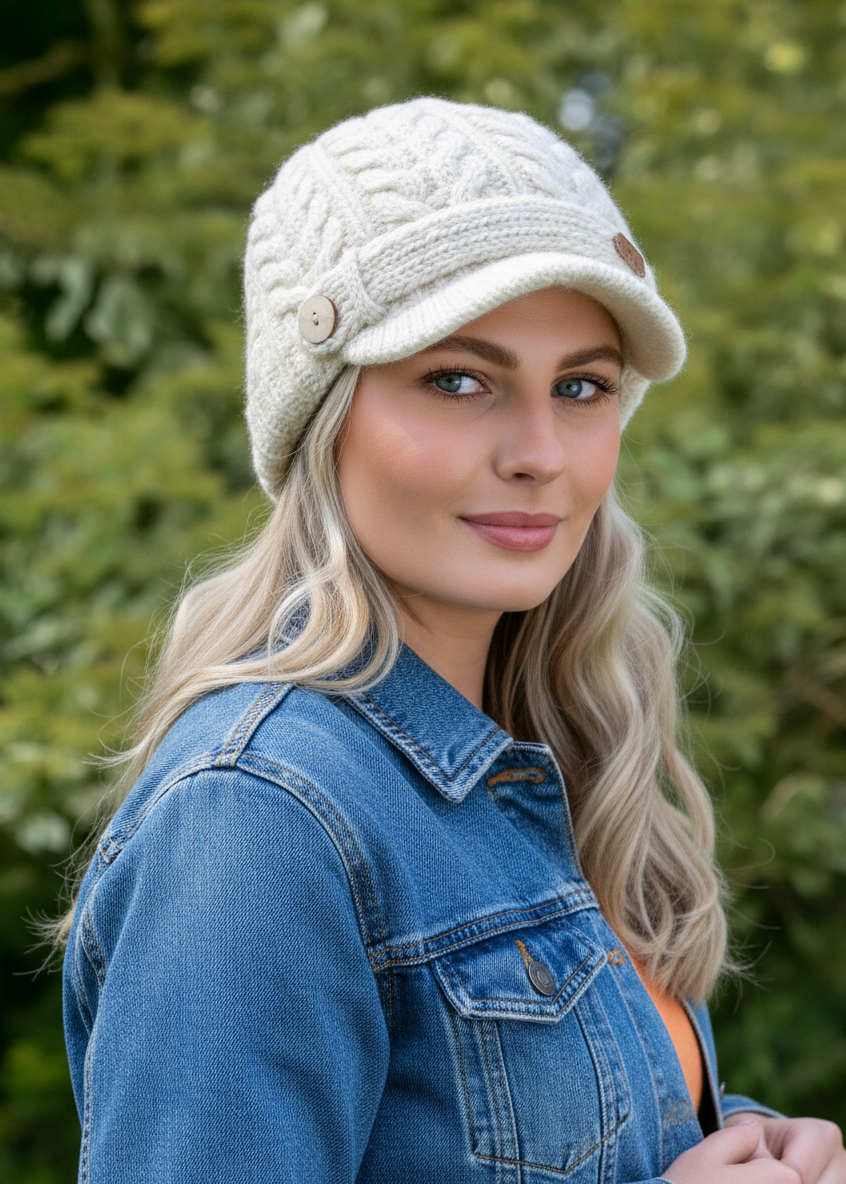 Erin Aran Cable Peak Hat | Natural