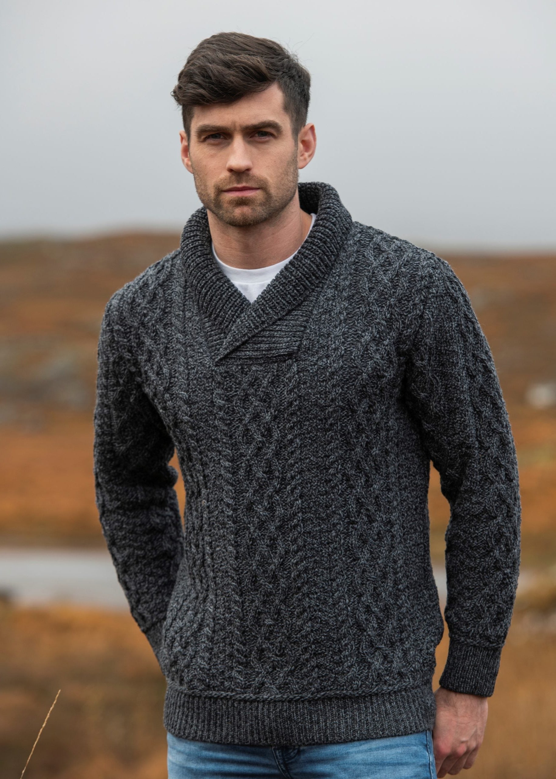 Aran Bunratty Shawl Collar Sweater | Charocal