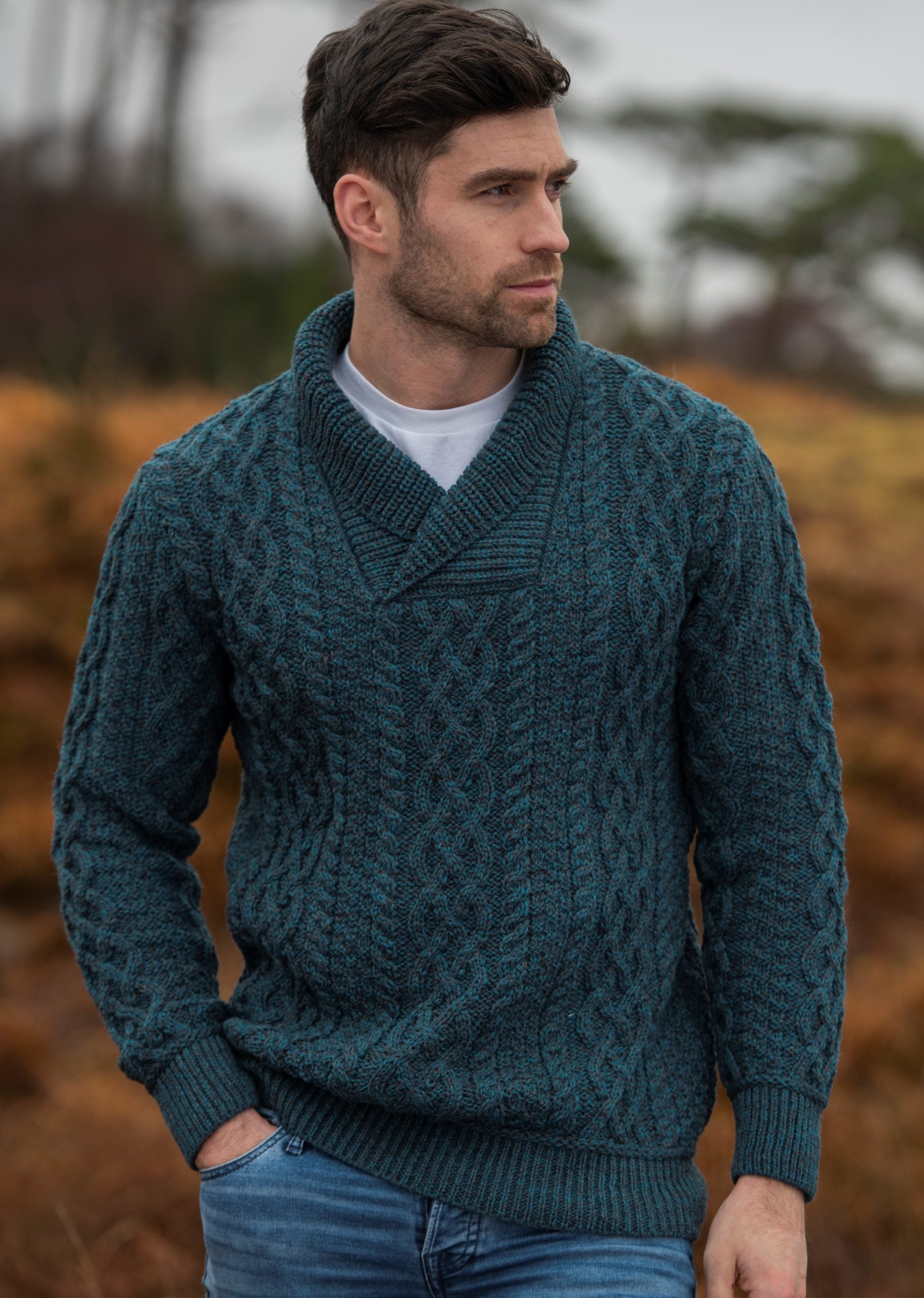 Aran Bunratty Shawl Collar Sweater | Peacock
