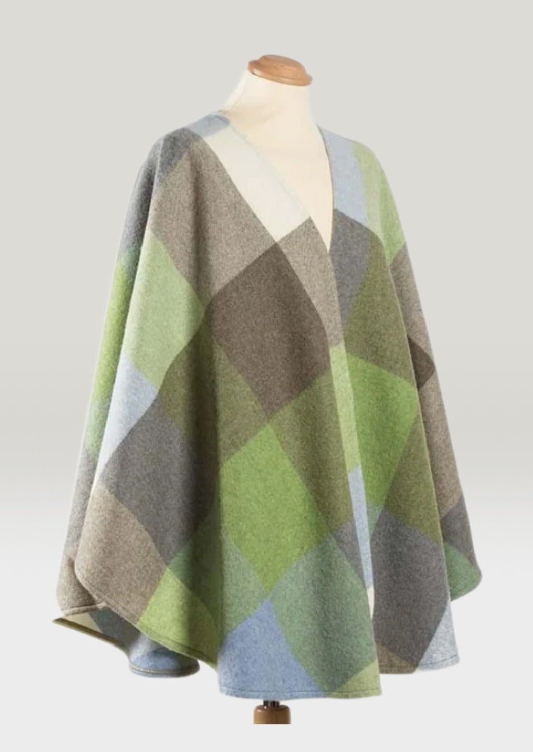 John Hanly Lambswool Cape | Baby Blue Green Check