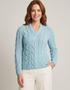 Ladies V-Neck Supersoft Merino Aran Sweater - Sky Blue