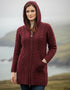 Irish Aran Hooded Cardigan | Wine Red | 100% Merino Wool - Clearance