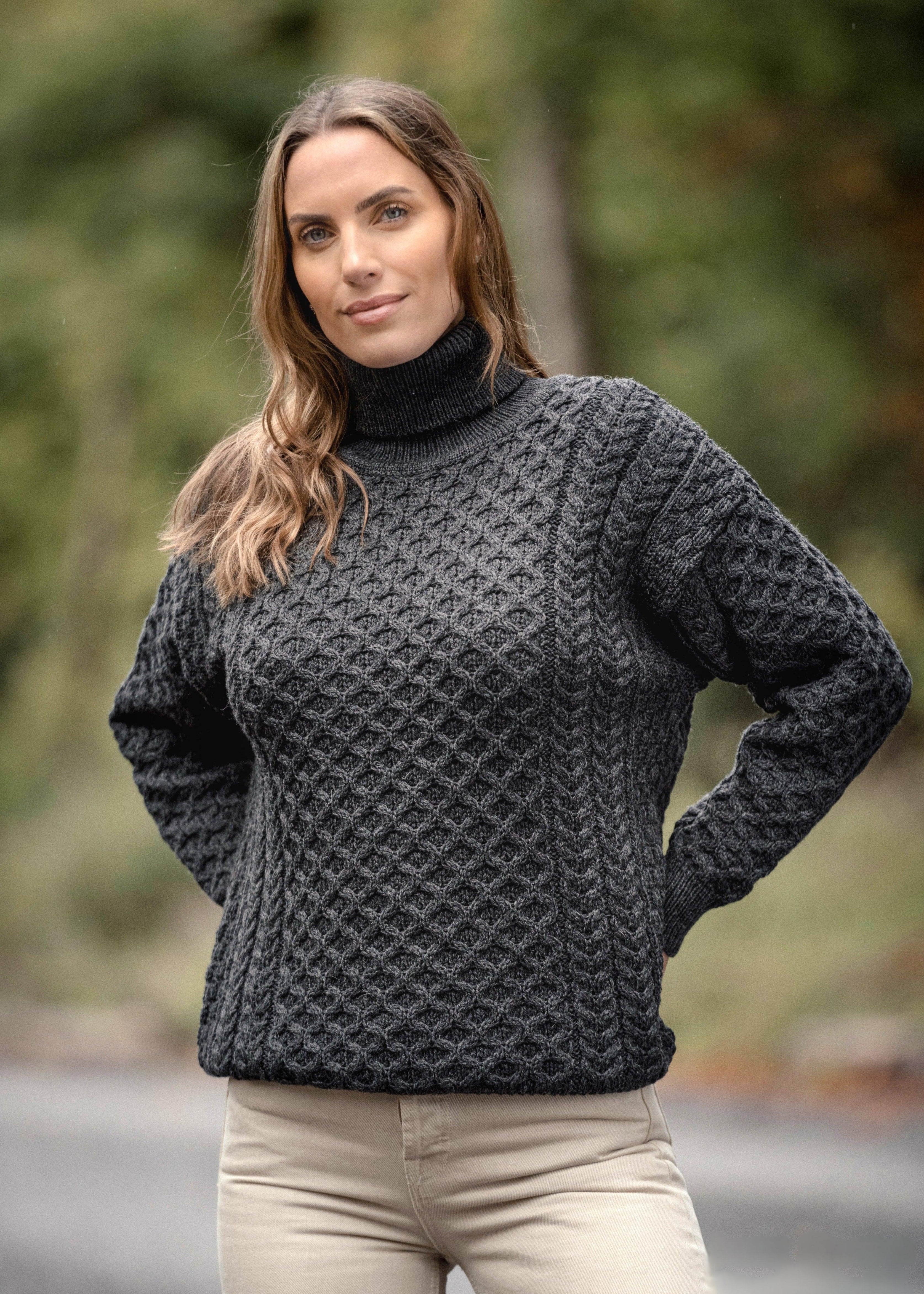 Aran Merino Polo Neck Sweater | Charcoal