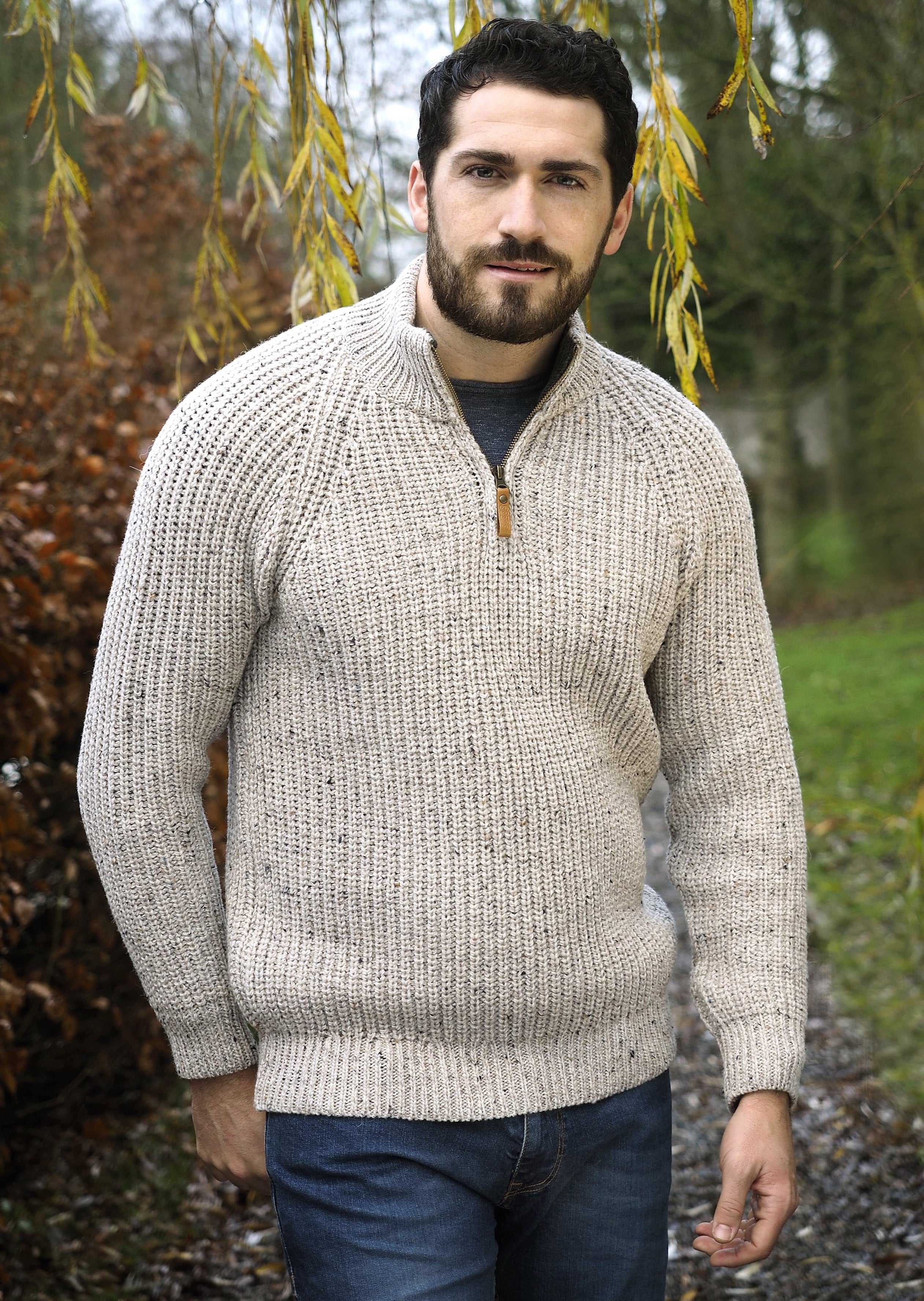 Aran Fishermans 1/2 zip Oatmeal Sweater