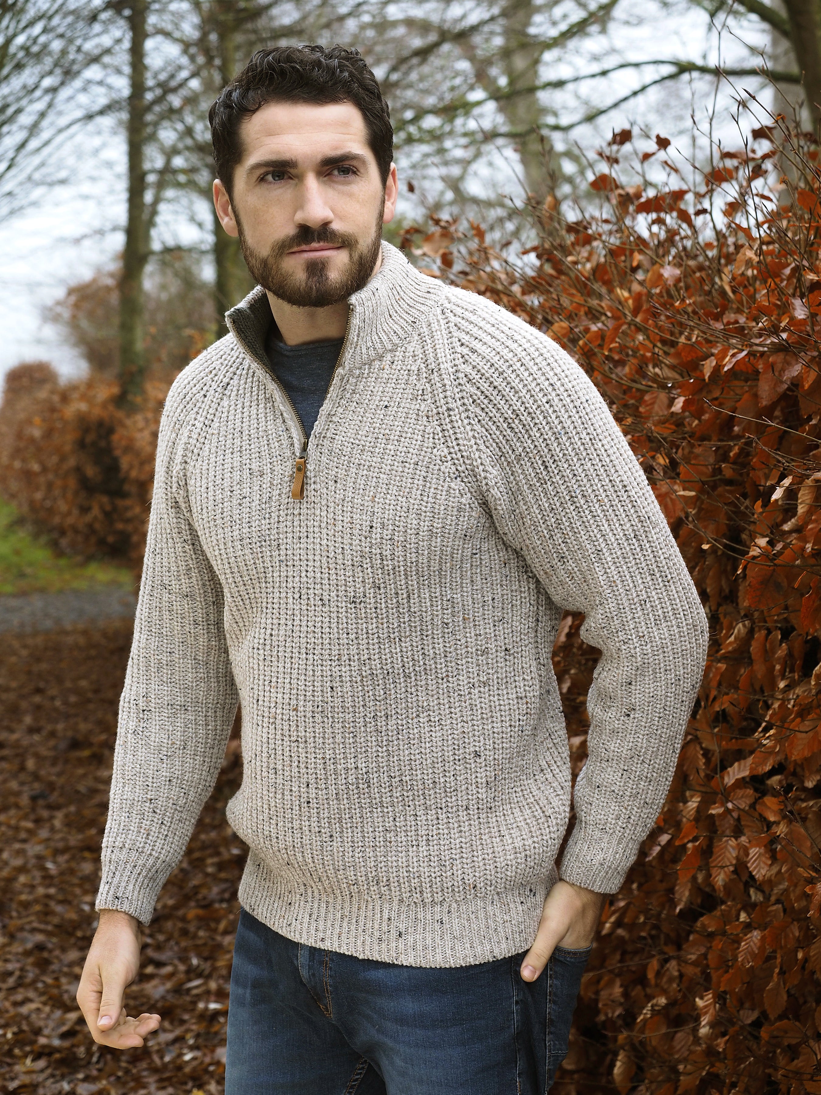 Aran Fishermans 1/2 zip Oatmeal Sweater