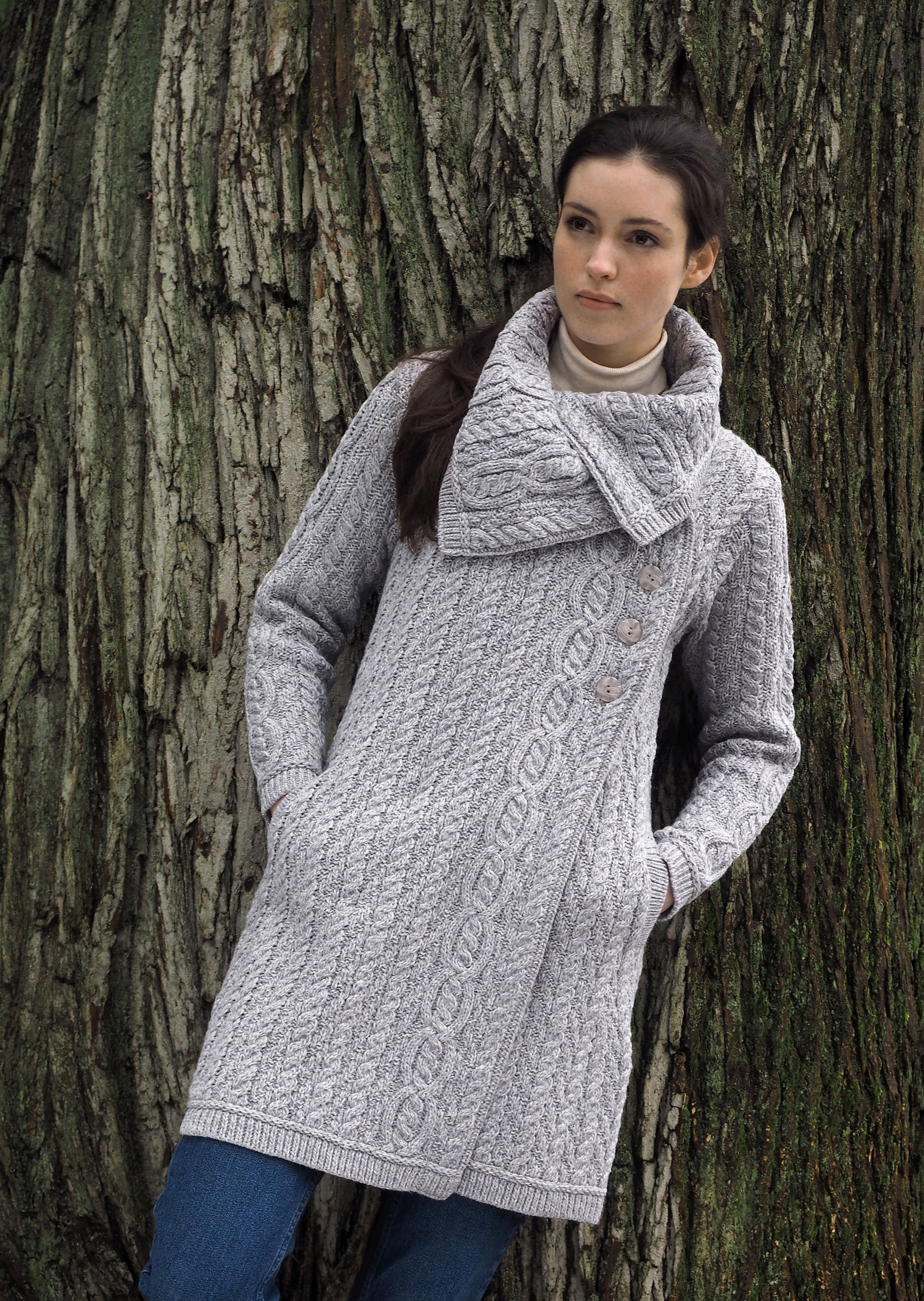 Aran Crafts Chunky Collar Soft Grey Coat