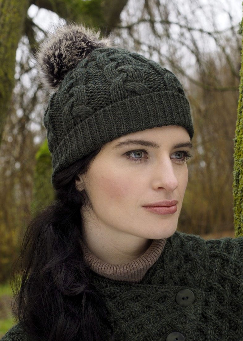 Aran Cable Knit Green Pom Pom Hat