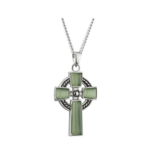 Solvar Rhodium Green Cat Eye Celtic Cross Pendant S46346