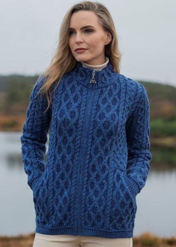 Aran Crafts Yeats Plated Zip Cardigan - Blue