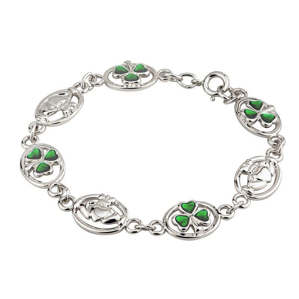 Solvar Rhodium Plated Enamel Claddagh & Shamrock Bracelet S5514