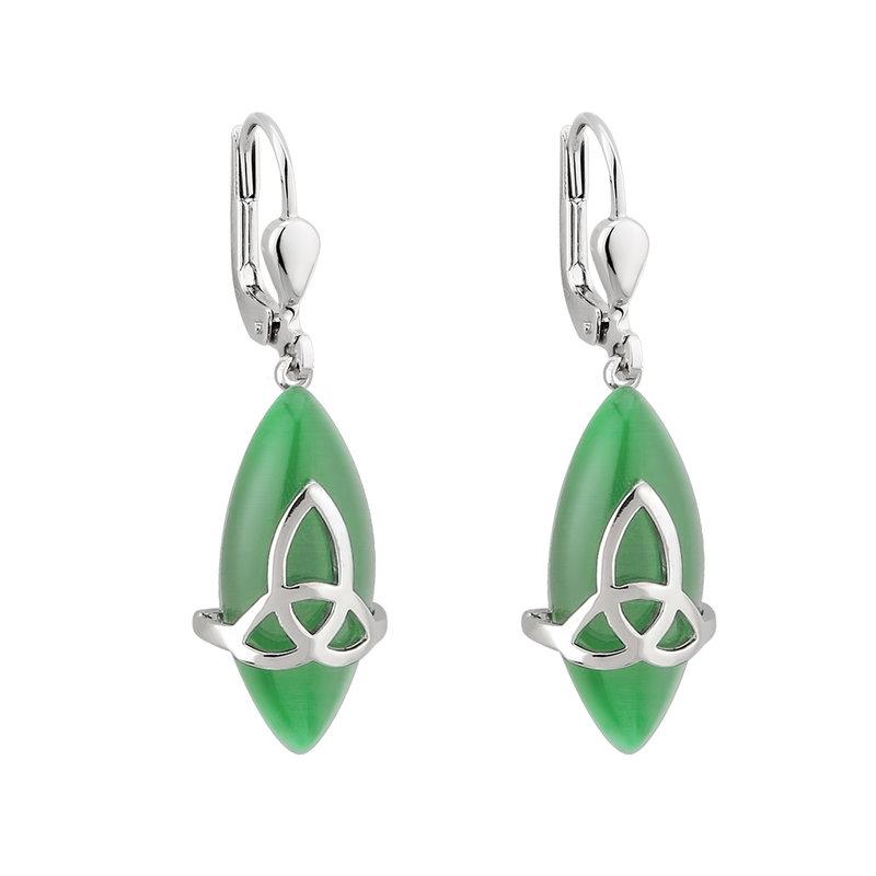 Solvar Rhodium Plated Green Cat Eye Trinity Drop Earrings S33292G