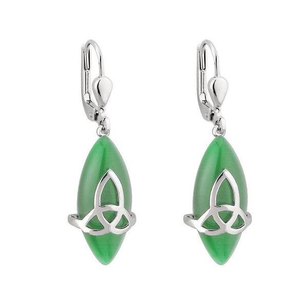 Solvar Rhodium Plated Green Cat Eye Trinity Drop Earrings S33292G