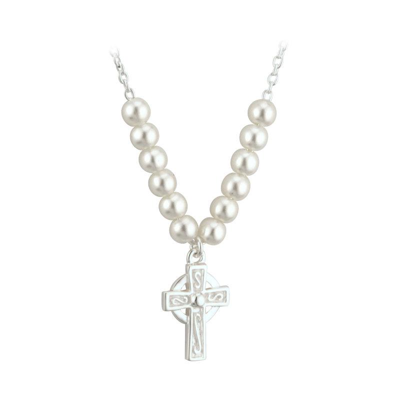 Solvar Rhodium Plated Pearl Cross Necklet S45070