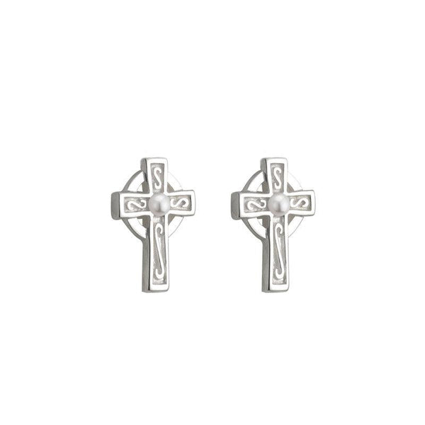 Solvar Rhodium Plated Pearl Cross Stud Earrings S33315