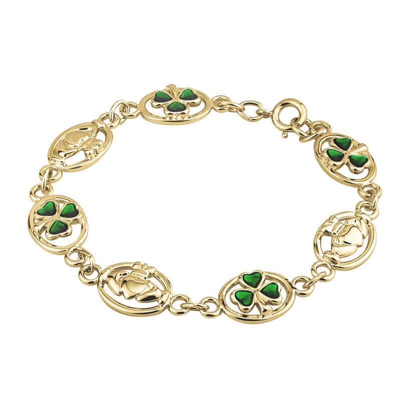 Solvar Gold Plated Enamel Shamrock & Claddagh Bracelet S5153