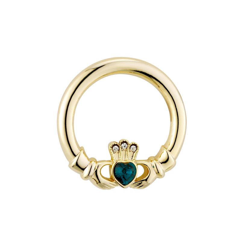 Solvar Gold Plated Green Crystal Heart Claddagh Brooch S1547