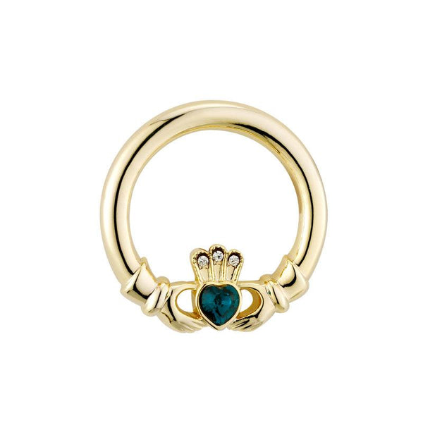 Solvar Gold Plated Green Crystal Heart Claddagh Brooch S1547