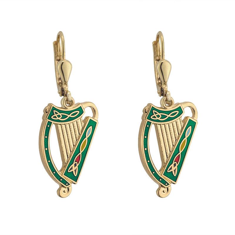 Gold Plated Green Harp Earrings