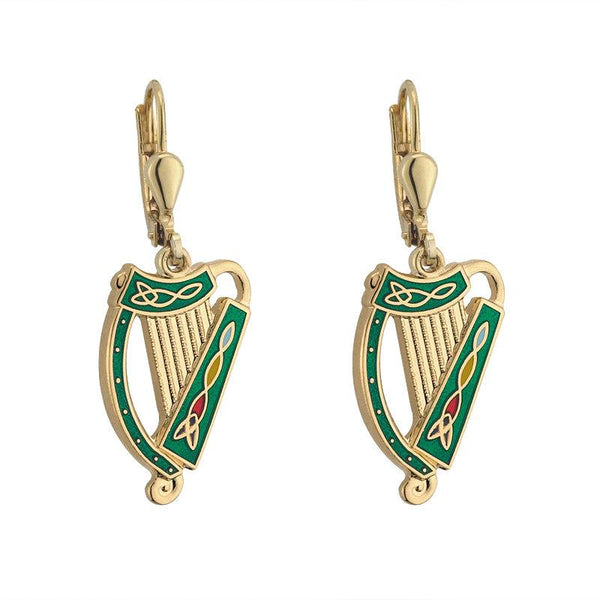 Gold Plated Green Harp Earrings
