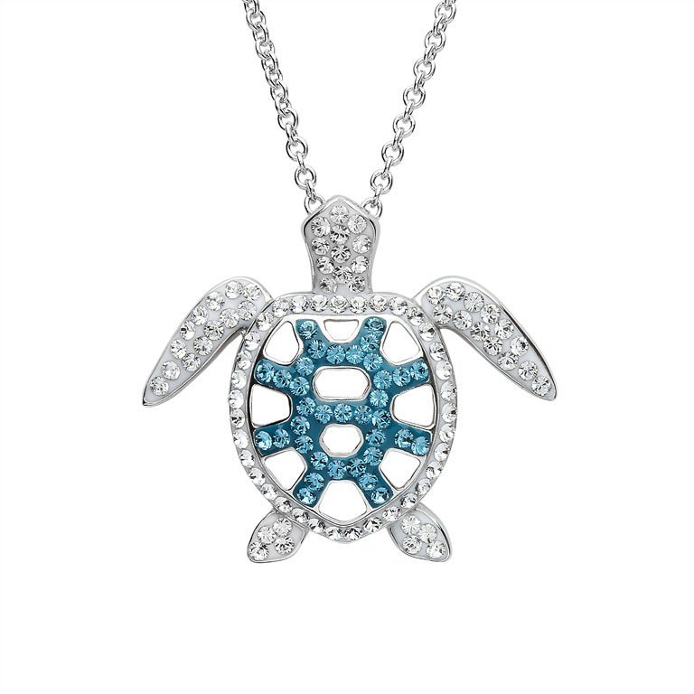 Filigree Turtle Pendant With Teal Swarovski® Crystals