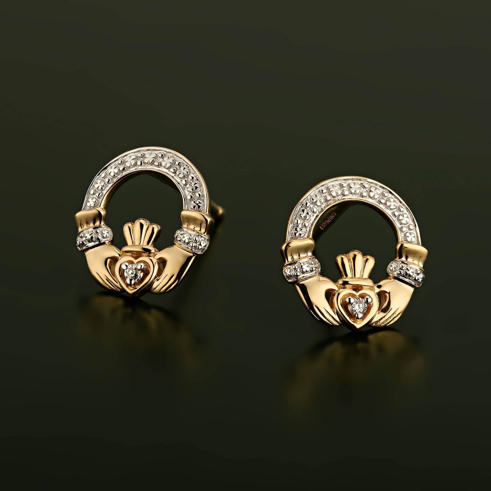 Solvar 14k Gold Diamond Celtic Claddagh Stud Earrings