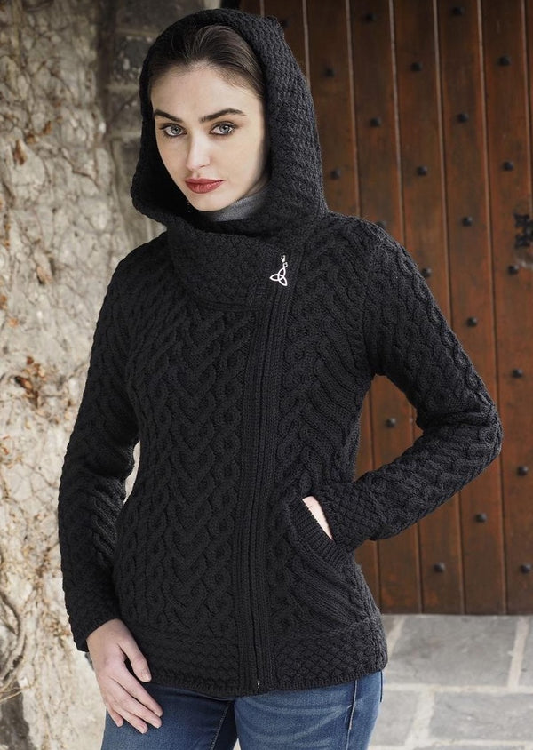 Aran Crafts Side Zip Hooded Cardigan | Black