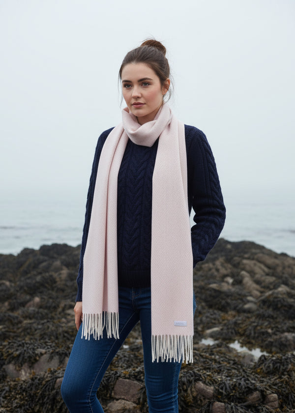 Foxford Pink & White Herringbone Cashmere Scarf