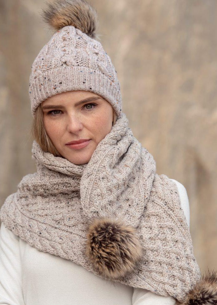 Aran Cable Knit Oatmeal Pom Pom Hat