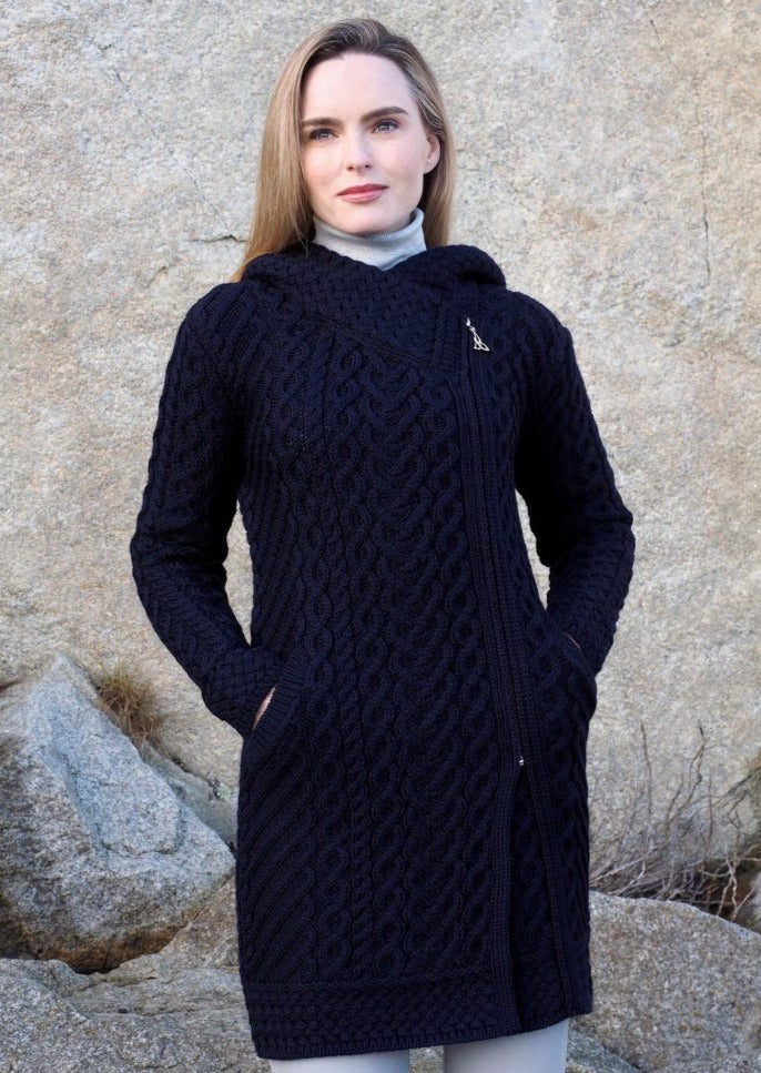 Aran Crafts Heart Design Navy Hooded Coat