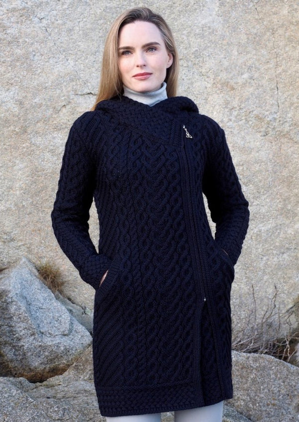 Aran Crafts Heart Design Navy Hooded Coat