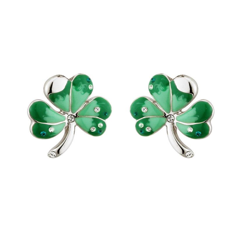 Solvar Rhodium Enamel & Crystal Shamrock Studs S3101