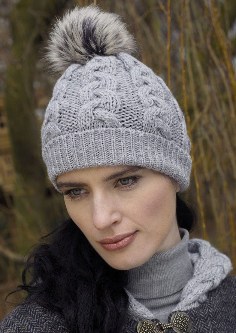 Aran Cable Knit Soft Gray Pom Pom Hat